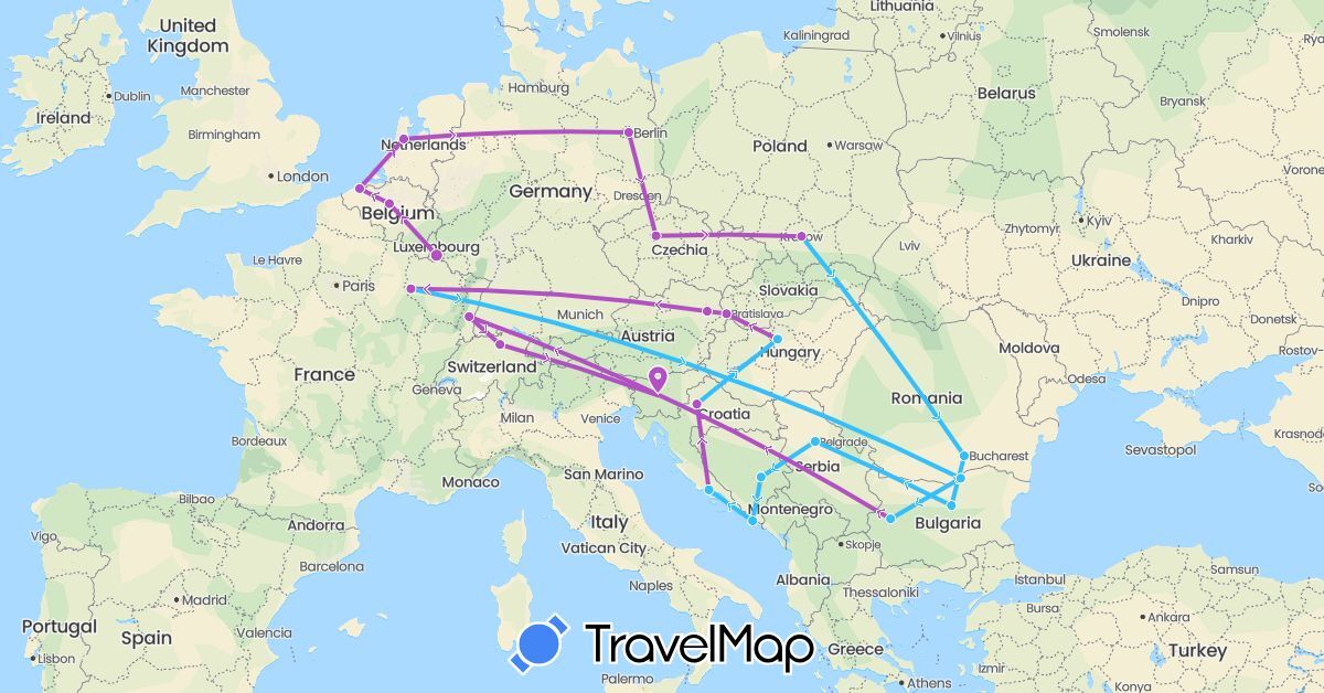 TravelMap itinerary: train, boat in Austria, Bosnia and Herzegovina, Belgium, Bulgaria, Switzerland, Czech Republic, Germany, France, Croatia, Hungary, Luxembourg, Netherlands, Poland, Romania, Serbia, Slovenia, Slovakia (Europe)