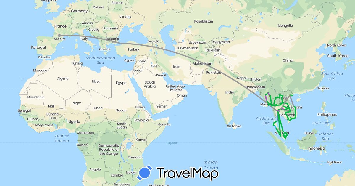 TravelMap itinerary: bus, plane, cycling, train, hiking, boat in France, Cambodia, Laos, Myanmar (Burma), Malaysia, Singapore, Thailand, Turkey, Vietnam (Asia, Europe)
