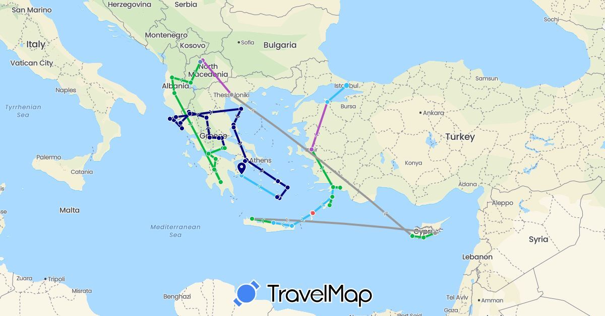 TravelMap itinerary: driving, bus, plane, cycling, train, hiking, boat in Albania, Cyprus, Greece, Macedonia, Turkey (Asia, Europe)