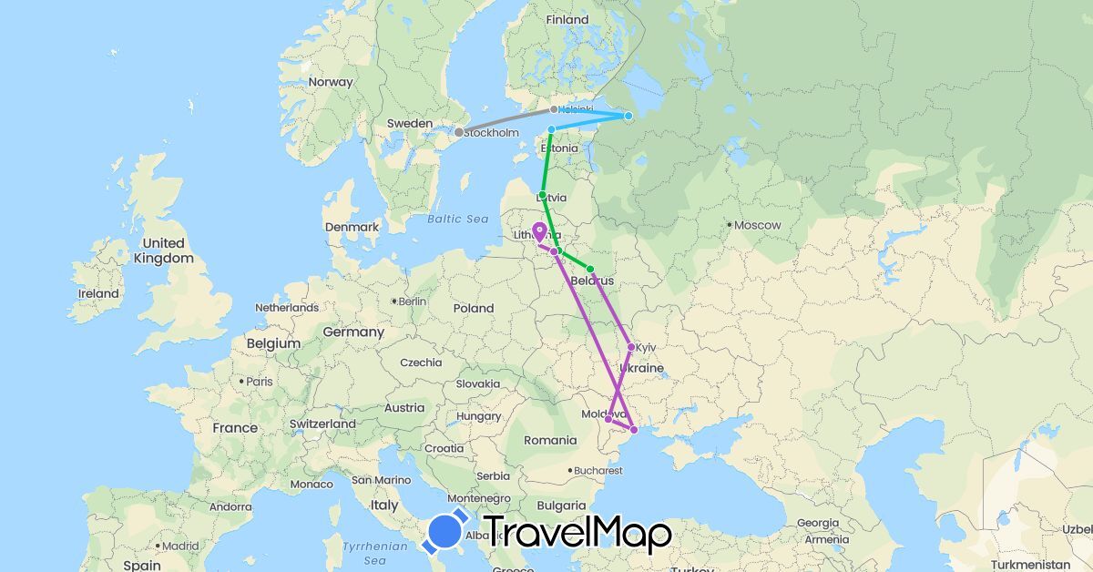 TravelMap itinerary: driving, bus, plane, train, boat in Belarus, Estonia, Finland, Lithuania, Latvia, Moldova, Russia, Sweden, Ukraine (Europe)